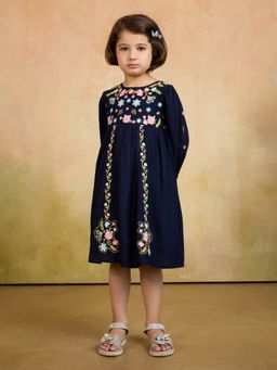 Tiny Twills - Navy Blue Rayon Jacquard Full Sleeves Dress