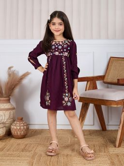 Tiny Twills - Wine Rayon Jacquard Full Sleeves Dress