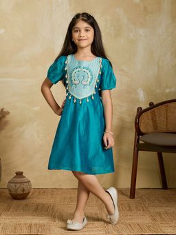 Tiny Twills - Blue Peacock Embroidered Kali Dress