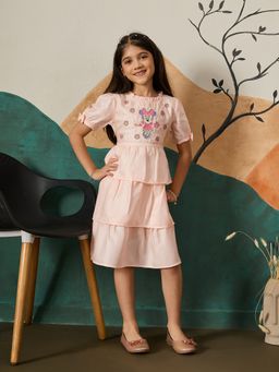 Tiny Twills - Peach Mickey Embroidered Layered Dress