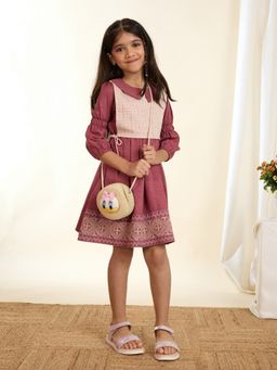 Tiny Twills - Maroon Crochet Jacket and Rayon Cotton Dress