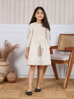 Tiny Twills - Beige Khadi Smocked Flared Embroidery Dress