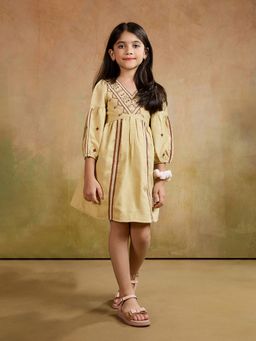 Tiny Twills - Yellow Jute V Neck Geometric Embroidered Dress