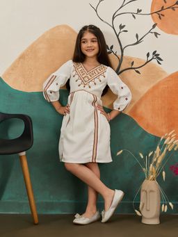 Tiny Twills - Off White Jute V Neck Geometric Embroidered Dress