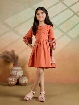Tiny Twills - Orange Linen Slob Cat Embroidery Dress