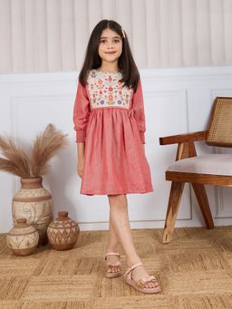 Tiny Twills - Peach Linen Embroidered Dress