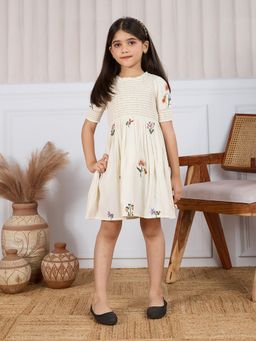 Tiny Twills - Off White Smocked Yoke Dress