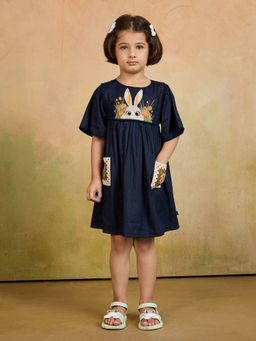 Tiny Twills - Navy Blue Bunny Embroidered Dress