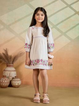 Tiny Twills - Beige Striped Khadi Floral Embroidered Dress