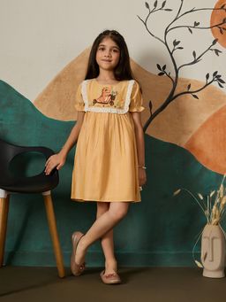 Tiny Twills - Beige Dino On Scooter Embroidered Dress