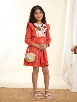 Tiny Twills - Orange Dino Story Embroidered Cotton Gauze Dress