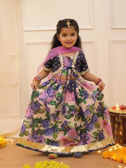 KID1 - Navy Blue Silk Choli and Jacket and Lehenga with Dupatta