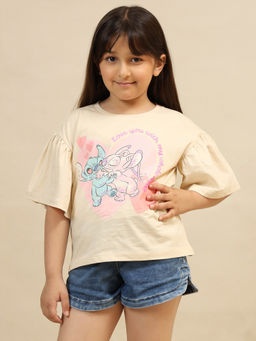 Kidsville - Official Lilo & Stitch Pigment Printed Beige Relaxed Cotton Tshirt For Girls