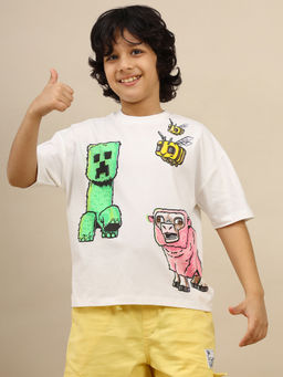 Kidsville - Official Minecraft Printed Off White Oversized Cotton Tshirt For Kids Boys