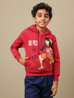 Kidsville - Official One Piece Luffy Anime Printed Red Regular Fit Hoodie For Boys