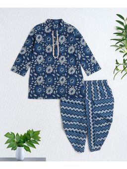 The Magic Wand - Navy Blue Cotton Woven Printed Kurta and Dhoti Set