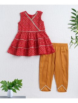 The Magic Wand - Red Woven Three Fourth Sleeves Floral Foil Kurti with Pant Set