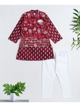 The Magic Wand - Maroon Cotton Woven Floral Printed Kurta and Pyjama with Jacket Set