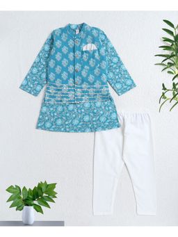 The Magic Wand - Blue Cotton Woven Floral Printed Kurta and Pyjama with Jacket Set