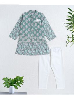 The Magic Wand - Green Cotton Woven Floral Printed Kurta and Pyjama with Jacket Set
