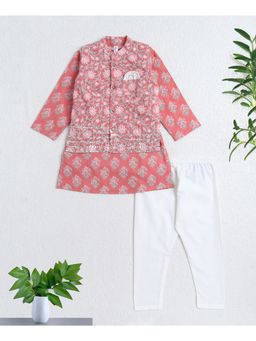 The Magic Wand - Peach Cotton Woven Floral Printed Kurta and Pyjama with Jacket Set