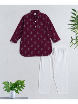 The Magic Wand - Wine Cotton Woven Full Sleeves Floral Printed Kurta and Pyjama