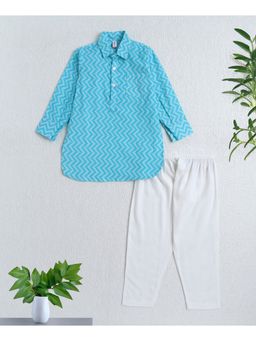 The Magic Wand - Blue Cotton Woven Full Sleeves Zig Zag Printed Kurta and Pyjama Set