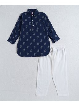 The Magic Wand - Navy Blue Cotton Woven Full Sleeves Floral Printed Kurta and Pyjama