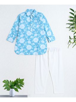 The Magic Wand - Blue Cotton Woven AII Over Printed Kurta and Pyjama Set