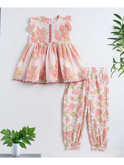 The Magic Wand - Peach Cotton Woven Sleeveless Floral Printed Kurti and Pant Set