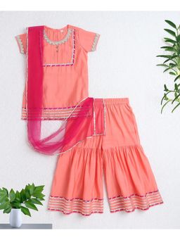 The Magic Wand - Peach Woven Floral Print Kurti and Sharara Set with Dupatta