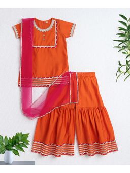 The Magic Wand - Orange Woven Floral Print Kurti and Sharara Set with Dupatta