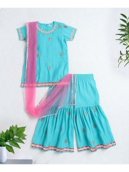 The Magic Wand - Blue Woven Floral Print Kurti and Sharara Set with Dupatta