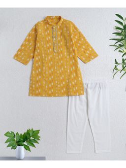 The Magic Wand - Yellow Cotton Woven Full Sleeves Ikat Printed Kurta with Pyjama Set