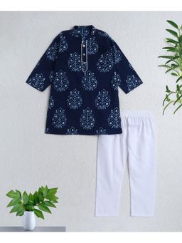 The Magic Wand - Navy Blue Cotton Woven Floral Printed Kurta with Pyjama Set
