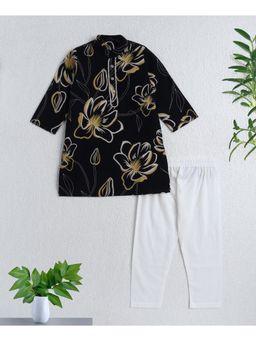 The Magic Wand - Black Cotton Woven Full Sleeves Floral Printed Kurta with Pyjama Set