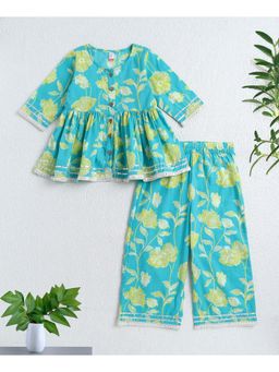 The Magic Wand - Green Cotton Floral Printed Top and Palazzo Set