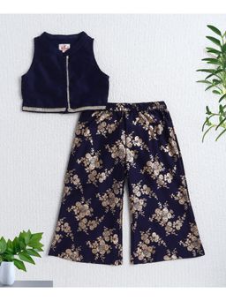 The Magic Wand - Navy Blue Woven In cut Solid Top with Palazzo Set