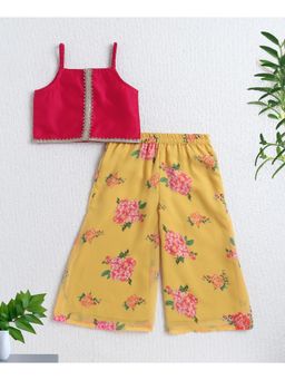 The Magic Wand - Pink Woven Singlet Solid Top with Floral Printed Palazzo