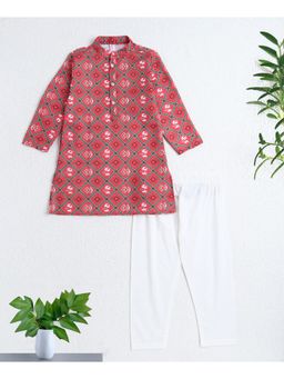The Magic Wand - Red Woven Full Sleeves Digital Printed Kurta and Pyjama Set
