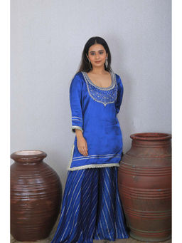 Tanoti - Women Baha Blue Embroidered Kurta with Sharara and Dupatta (Set of 3)