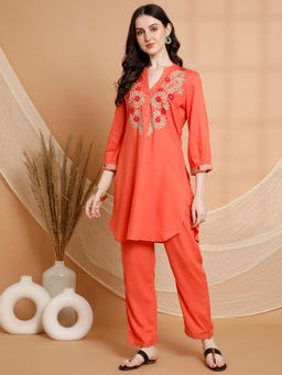 Nayam by lakshita - Women Peach Embroidered Kurta with Palazzo (Set of 2)