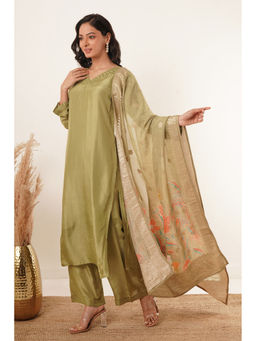 ZNKL - Women's Elegant Green V Neck Long Sleeves Mirror Work Kurta, Pant and Dupatta Set