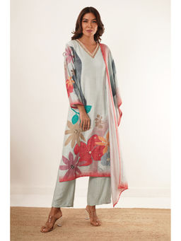 ZNKL - Womens Elegant Blue Embroidered V Neck Kurta,Pant and Dupatta Set