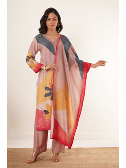 ZNKL - Trendy Multi color V Neck Long Sleeves Kurta, Pant and Dupatta Set For Women