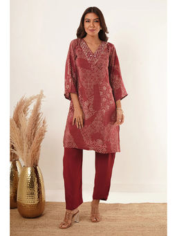 ZNKL - Women's Latest V Neck 3/4 Sleeves Printed Maroon Kurta and Pant Set