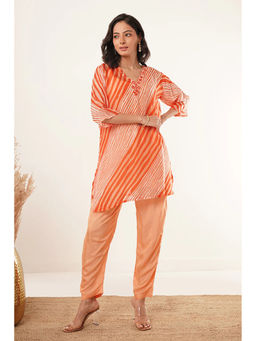 ZNKL - Women's Latest Peach V Neck 3/4 Sleeves Printed Organza-Silk Kurta and Pant Set