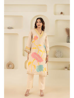 ZNKL - Elegant Printed V-Neck Long Sleeves Kurta & Pant Set For Women
