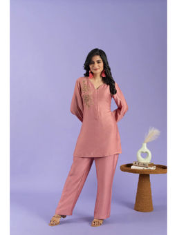 ZNKL - Latest Pink Embroidered V Neck Kurta and Pant Set For Women