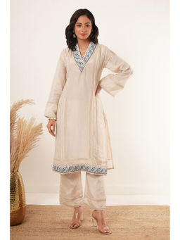 ZNKL - Trendy Latest Cream V Neck Full Sleeves Kurta Pant Set For Women
